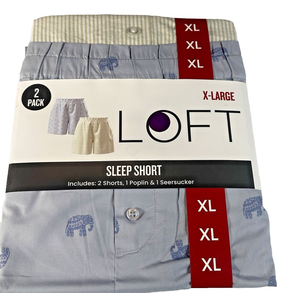 LOFT Womens 2 Pack Sleep Shorts XL Blue Elephant Poplin Green Striped Seersucker